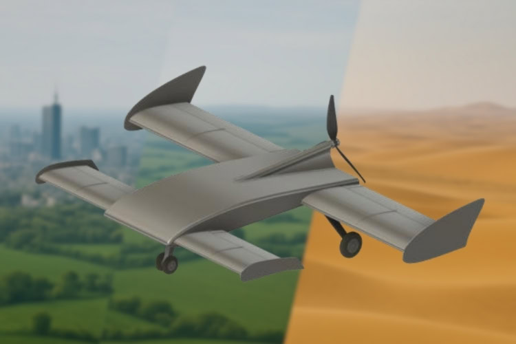 6ft Badger UAS overlayed on a split image of a city, hills, and desert.