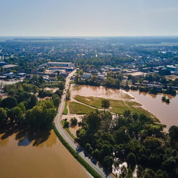 Aerial image of a town affected by flooding