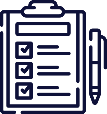 Clipboard icon with a checklist and pen.