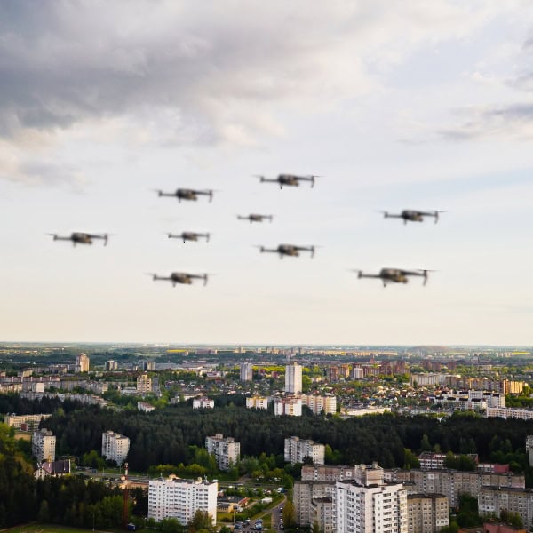 Drones flying over a city representing Counter UAS service