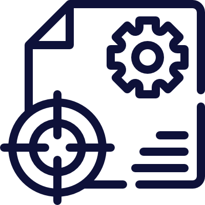 Icon of a document with a cog and a target.